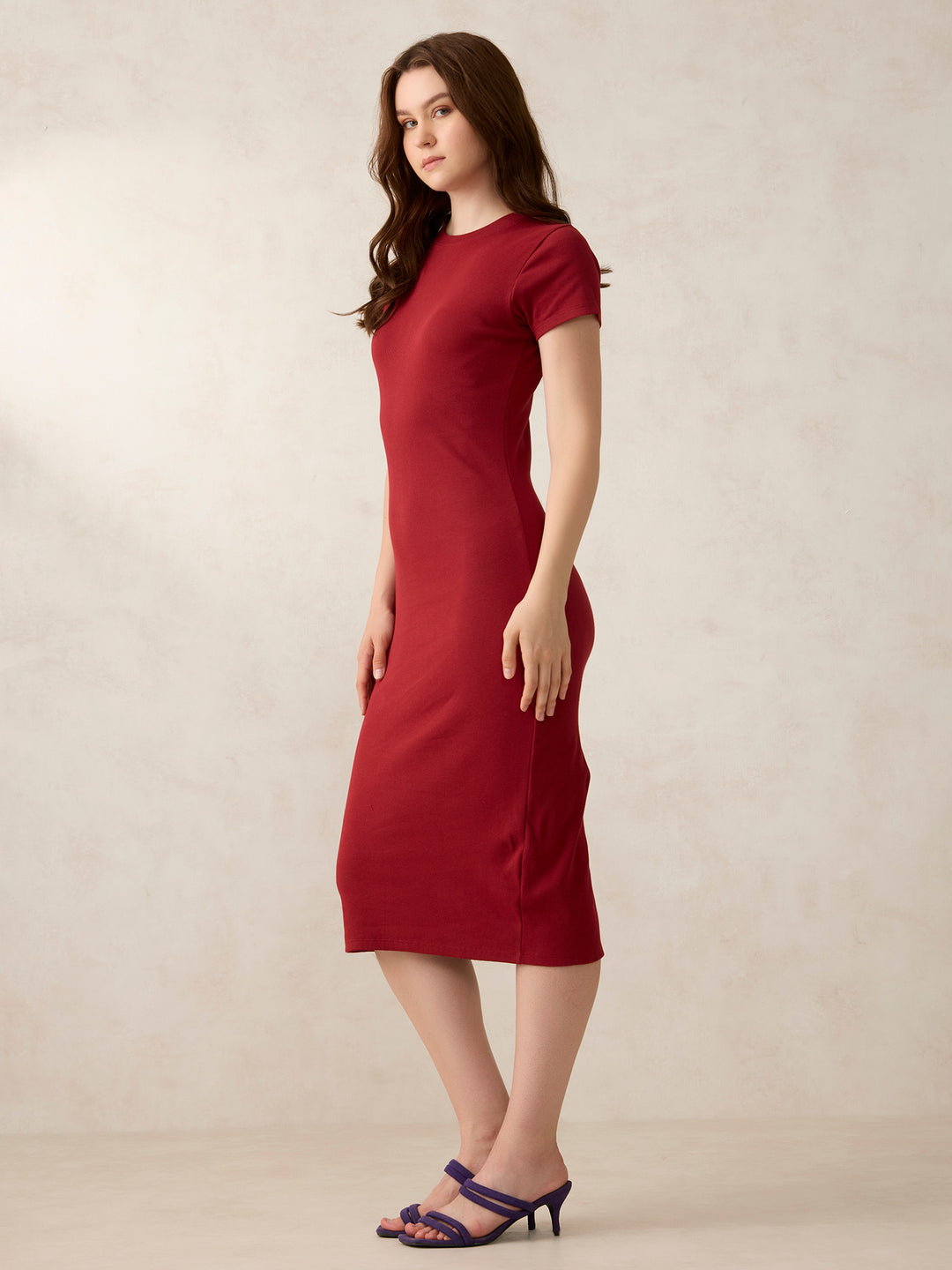 Maroon Crew Neck Bodycon T-Shirt Dress
