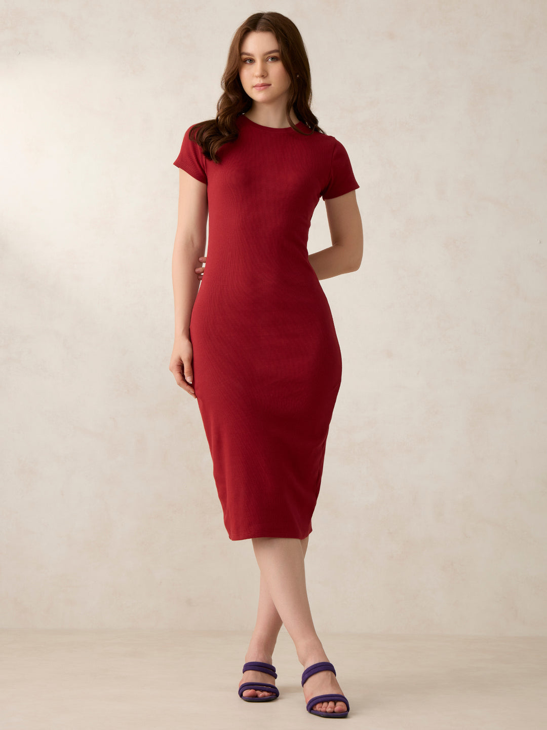 Maroon Crew Neck Bodycon T-Shirt Dress