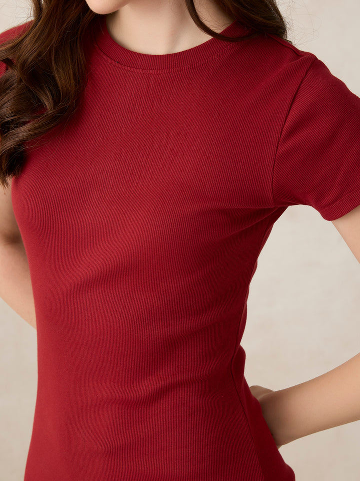 Maroon Crew Neck Bodycon T-Shirt Dress