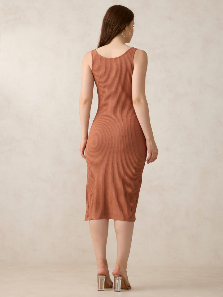 Brown Plunge Neck Side Slit Dress