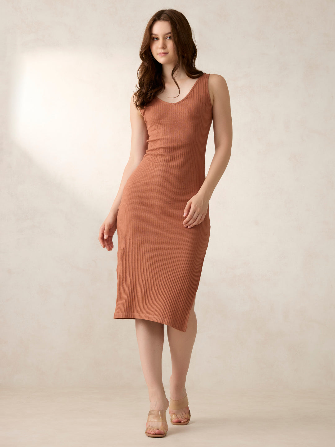 Brown Plunge Neck Side Slit Dress