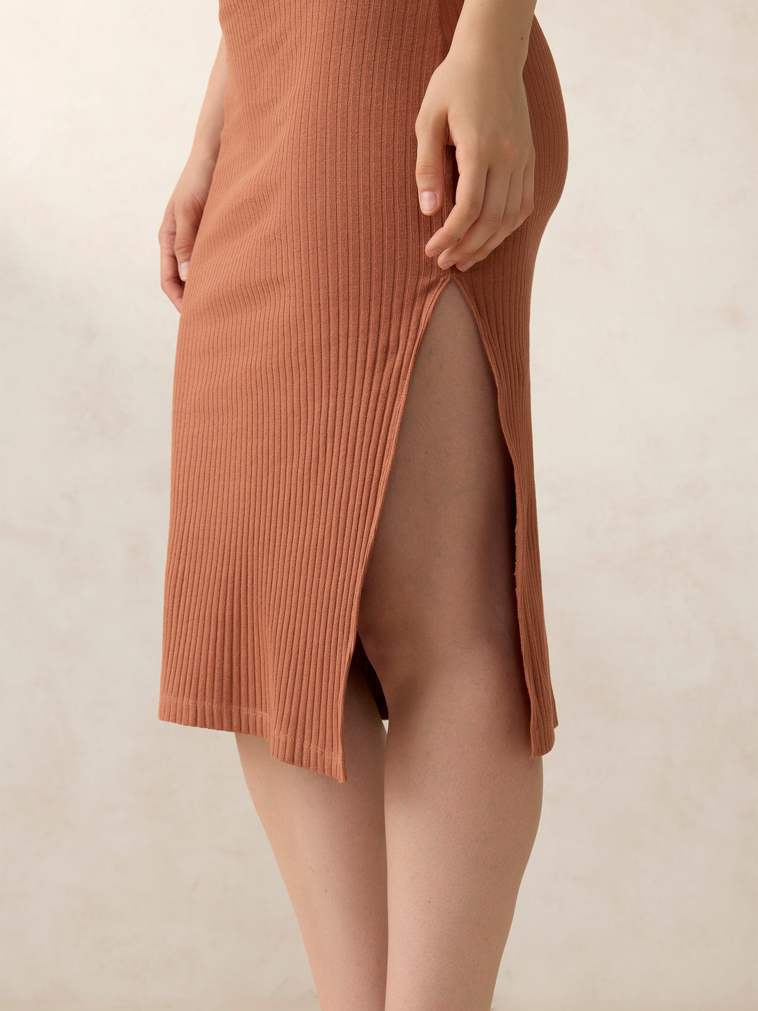 Brown Plunge Neck Side Slit Dress