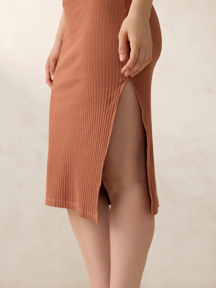 Brown Plunge Neck Side Slit Dress