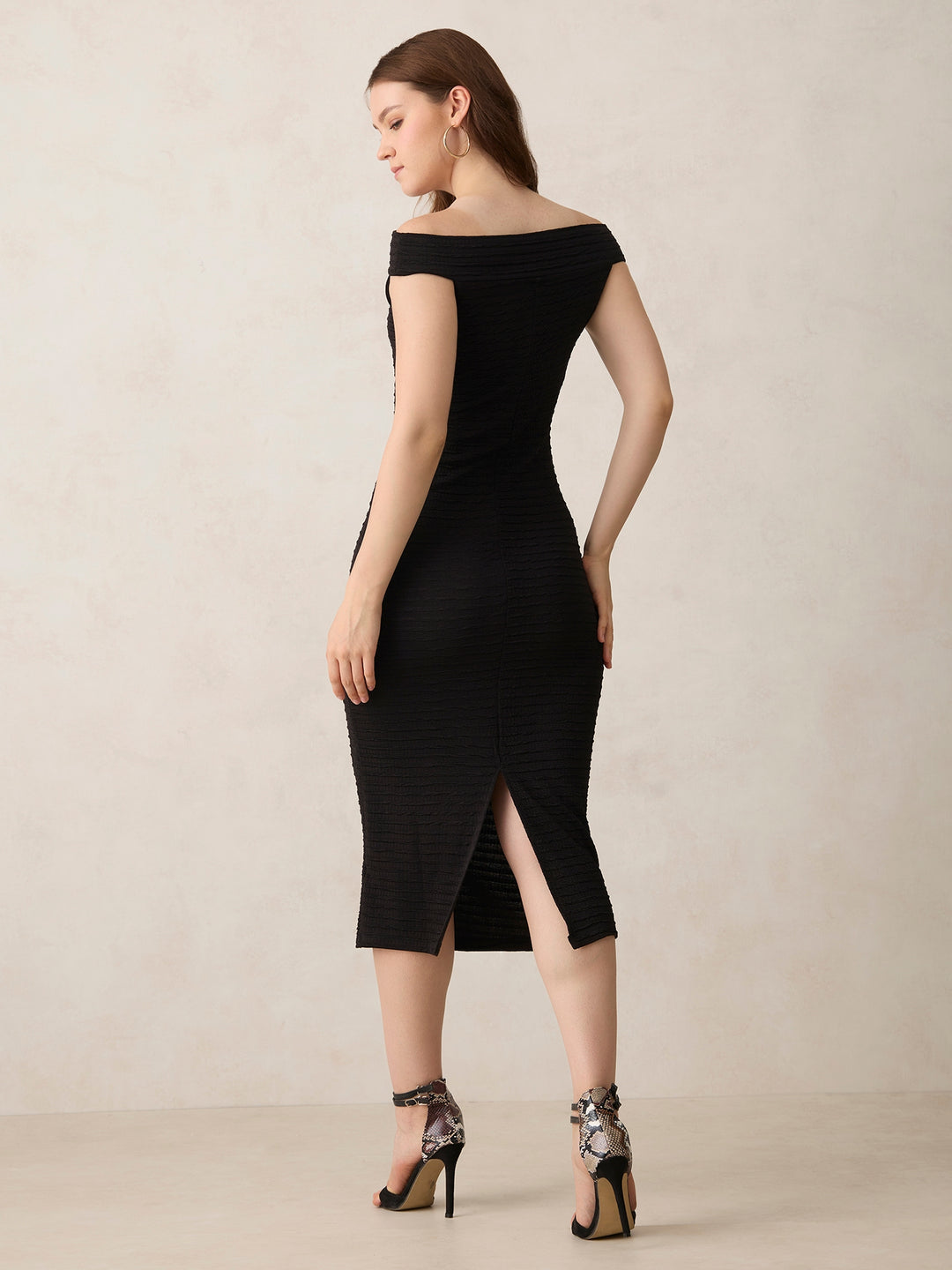 Black Off Shoulder Textured Knit Dress