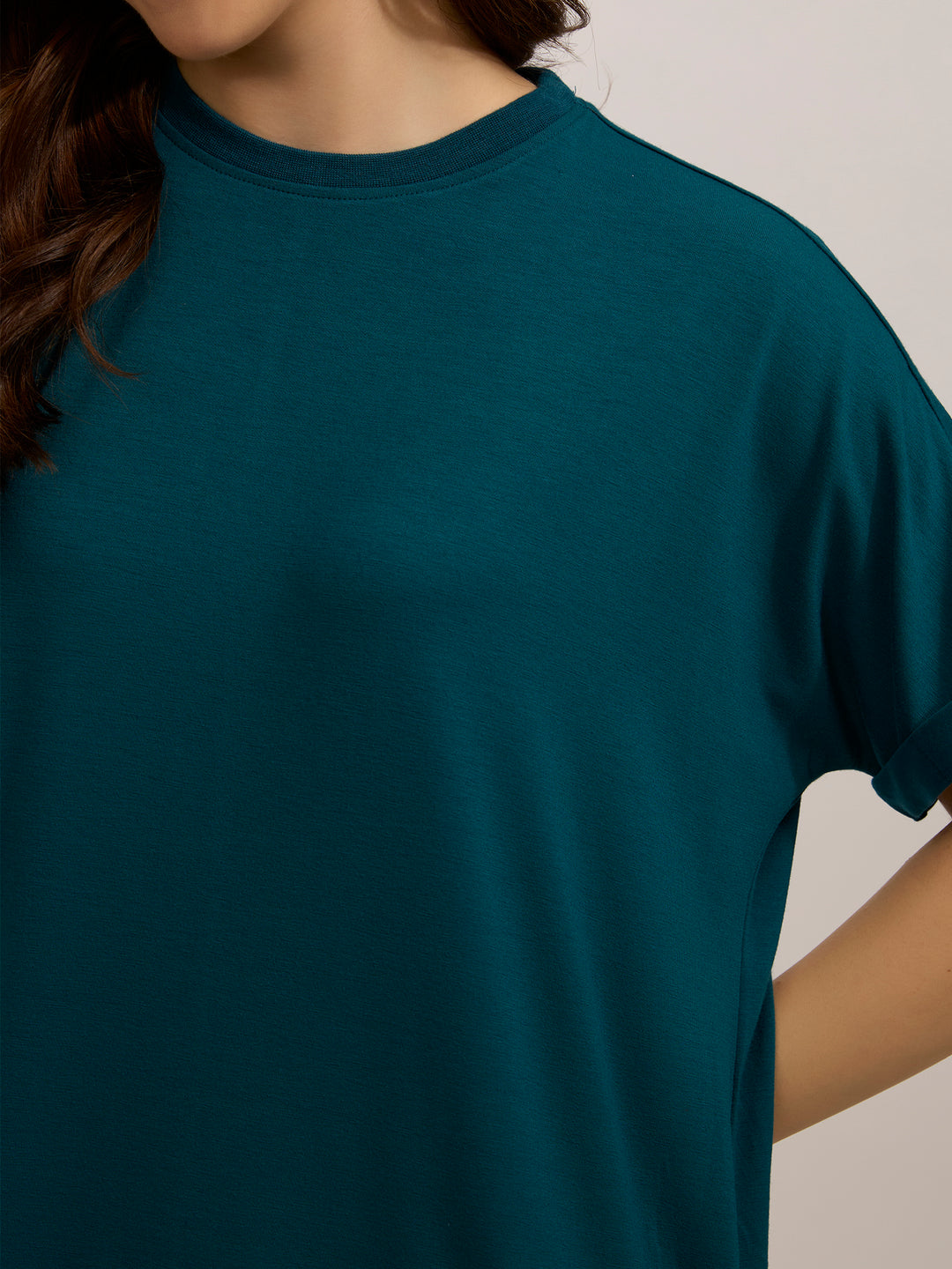 Teal Fold Up Sleeve T-Shirt Dress
