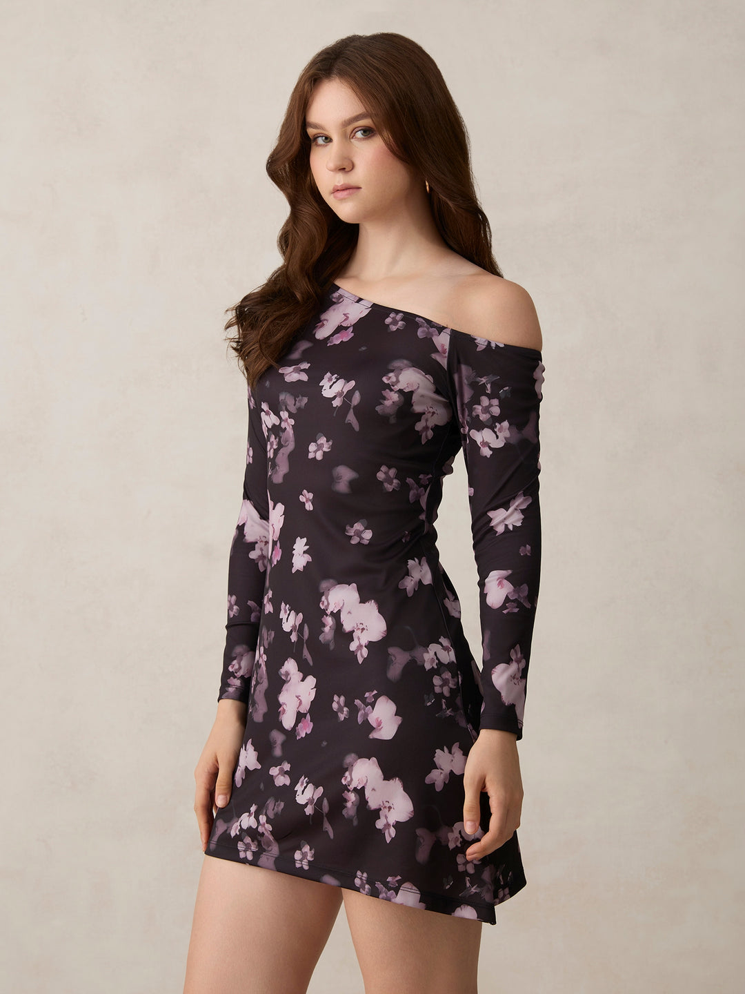 Black Printed Asymmetric Mini Off Shoulder Aline Dress