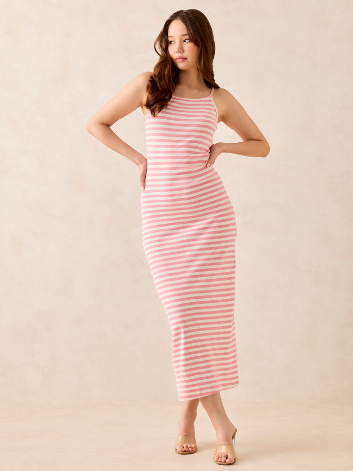 Pink Rib Stripe Maxi Dress