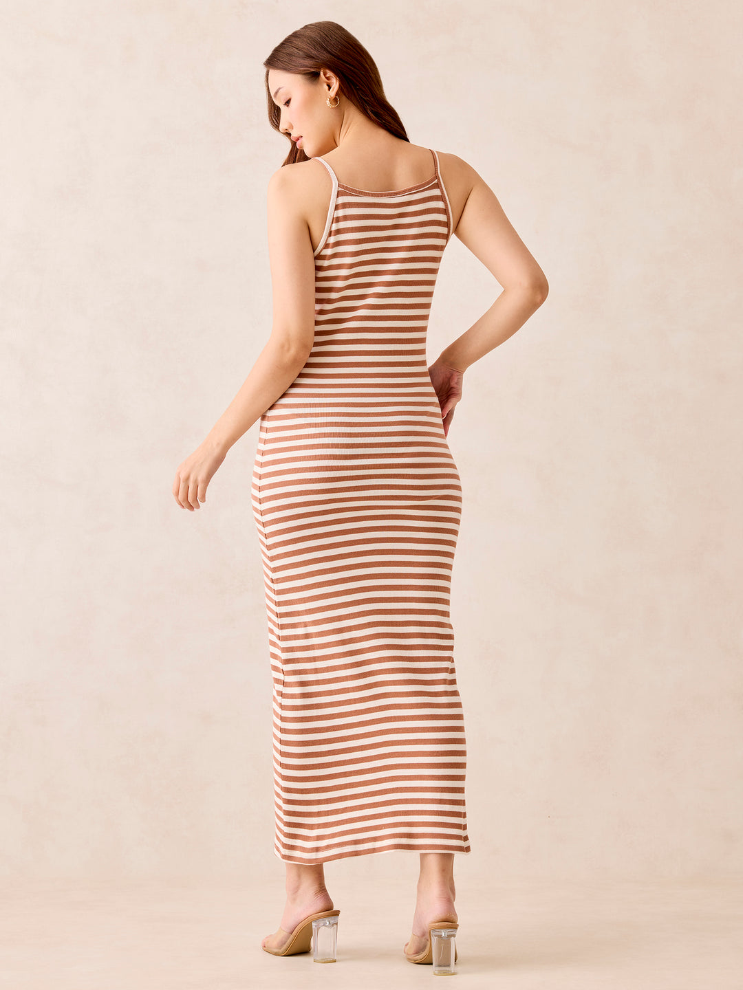 Brown Rib Stripe Maxi Dress