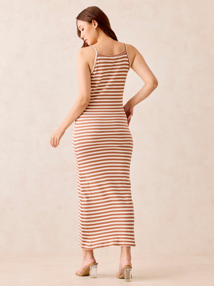 Brown Rib Stripe Maxi Dress