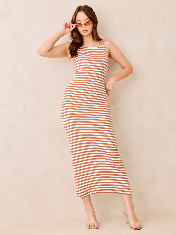 Brown Rib Stripe Maxi Dress