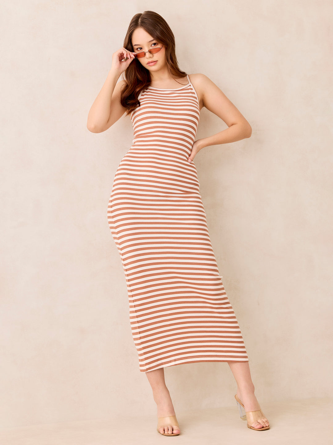 Brown Rib Stripe Maxi Dress