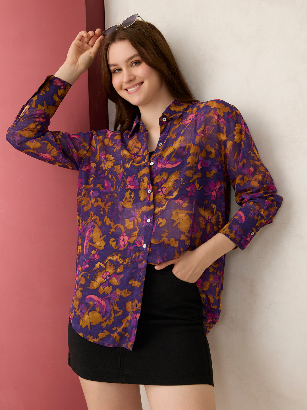 Purple Printed Longline Shirt