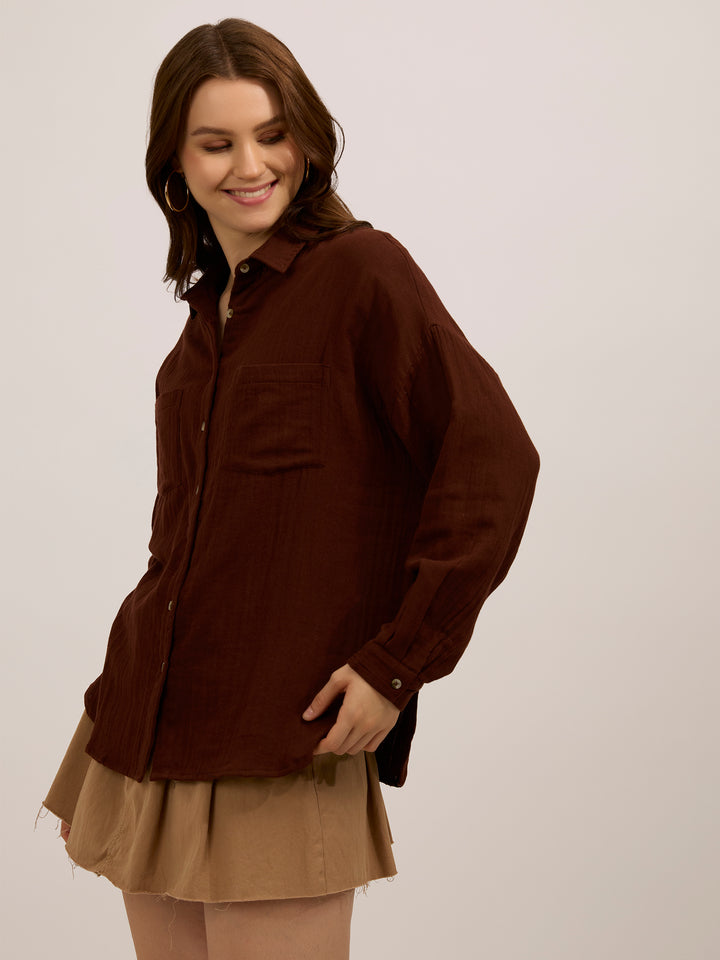 Brown Double Pocket Oversized Boxy Shirt