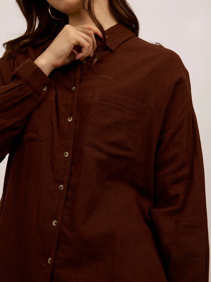Brown Double Pocket Oversized Boxy Shirt