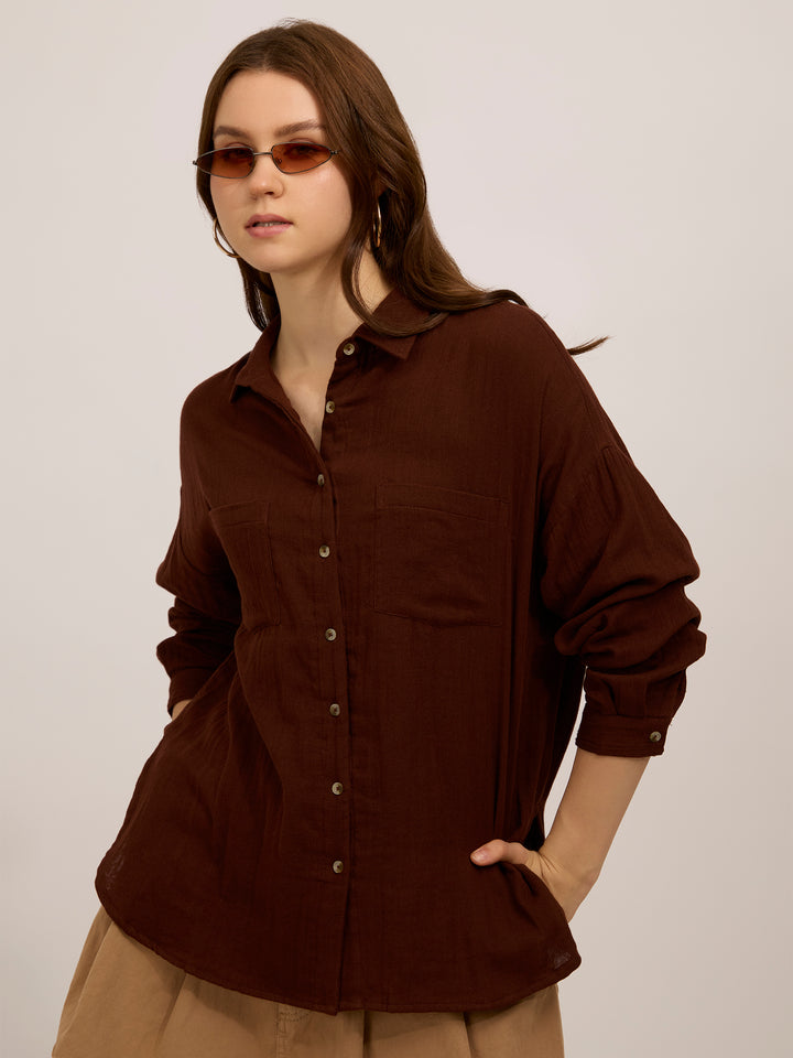Brown Double Pocket Oversized Boxy Shirt