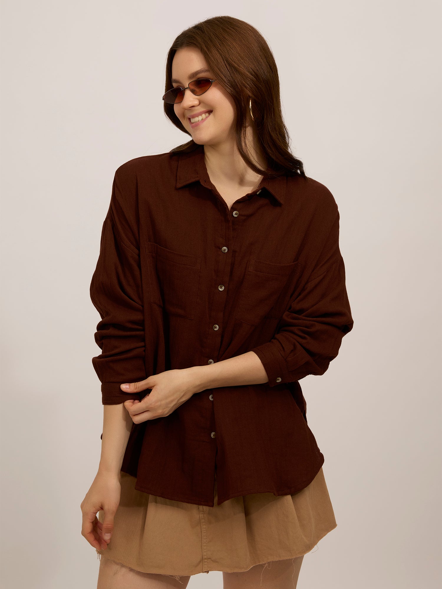 Brown Double Pocket Oversized Boxy Shirt