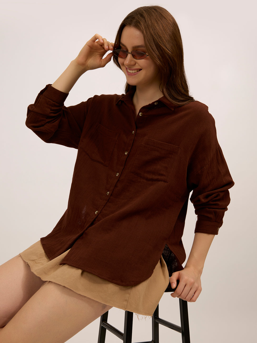 Brown Double Pocket Oversized Boxy Shirt