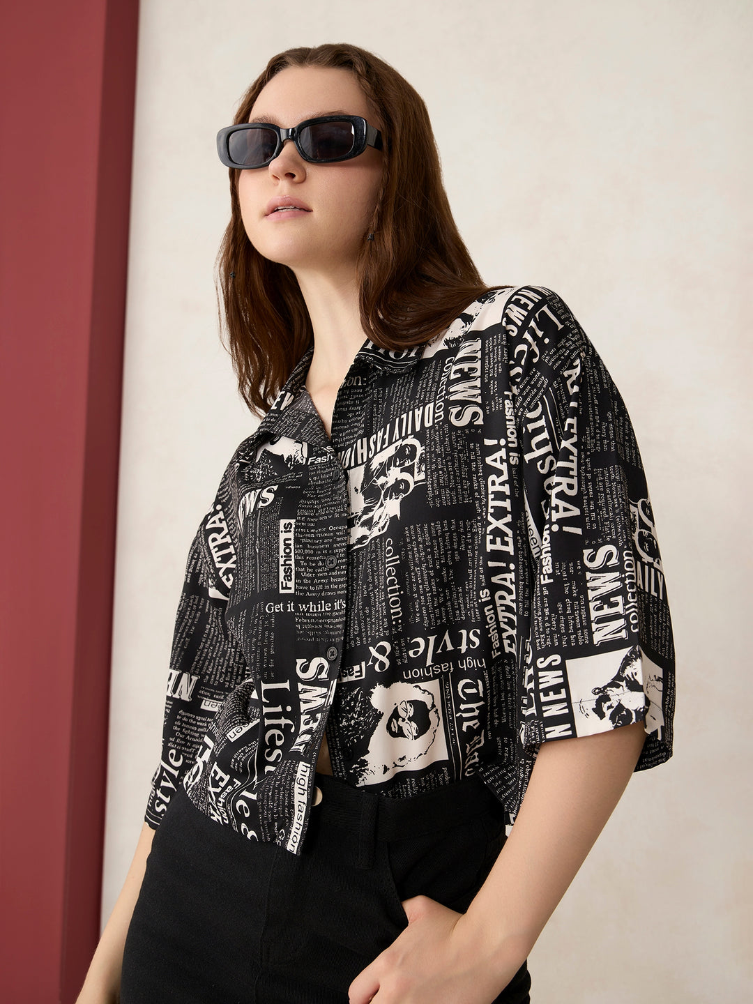 Black Paper Print Cropped Shirt