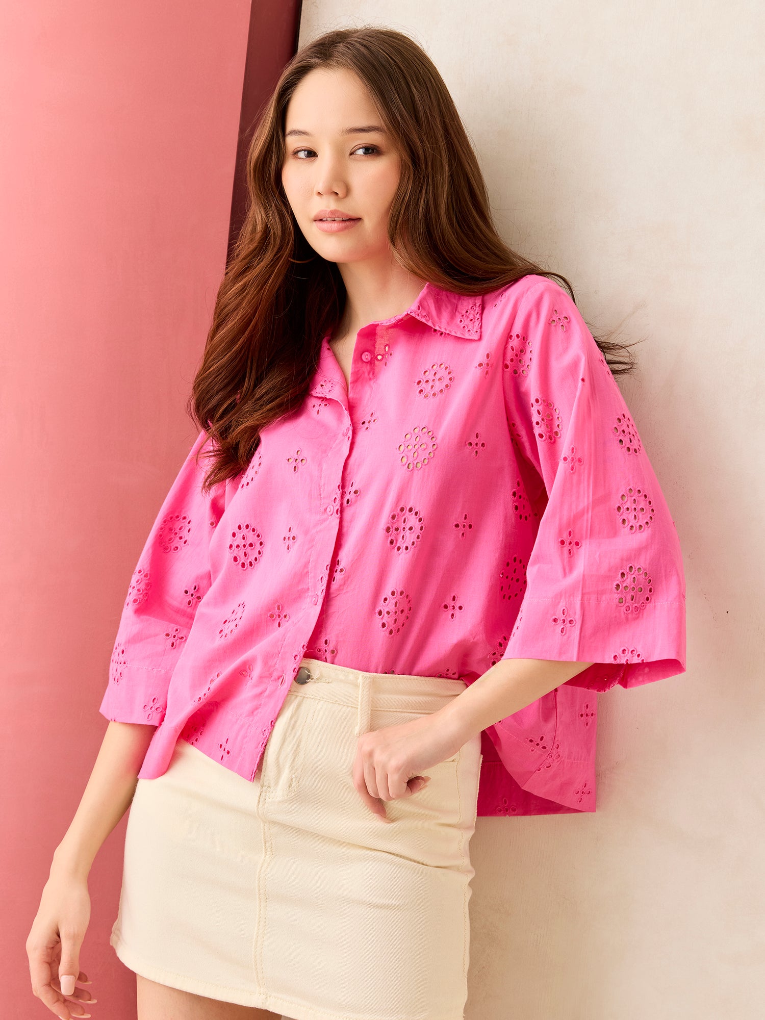 Pink Full Sleeved Schiffli Shirt
