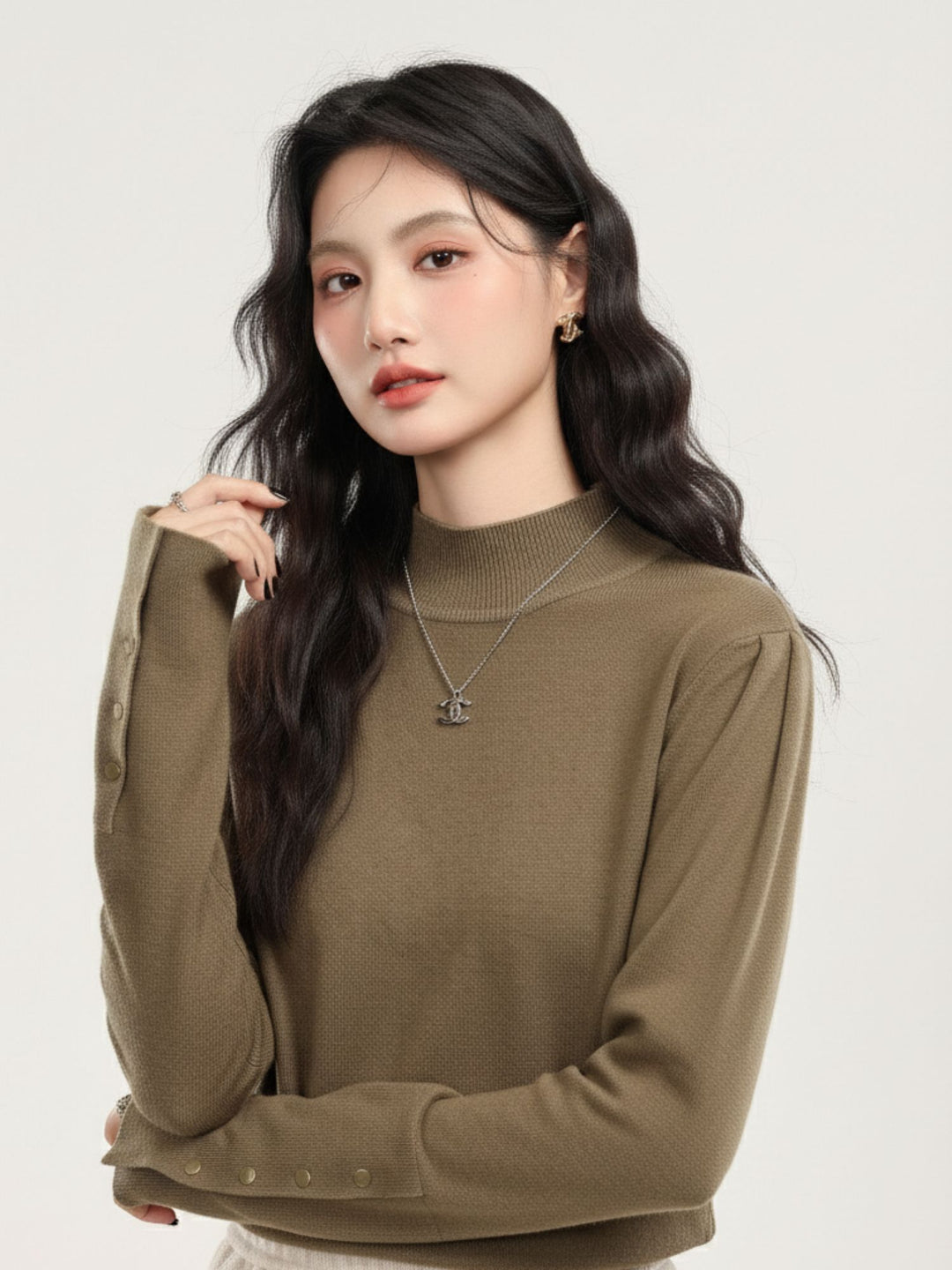 Taupe Full Sleeve High Neck Sweaters