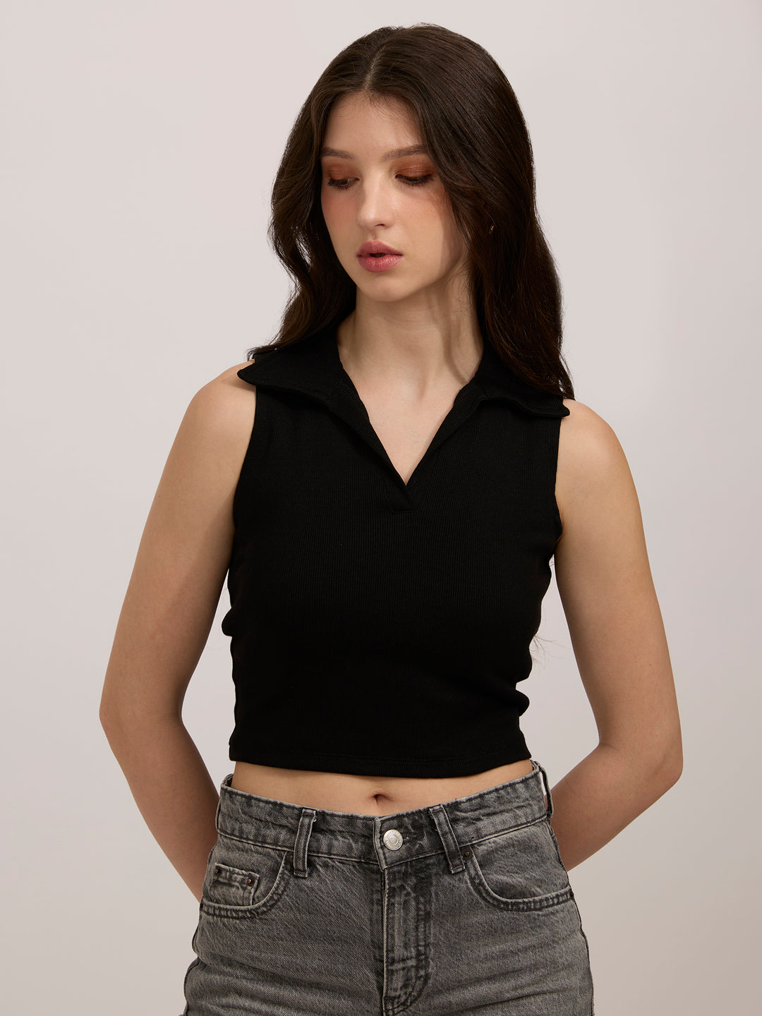 Black Polo Rib Top