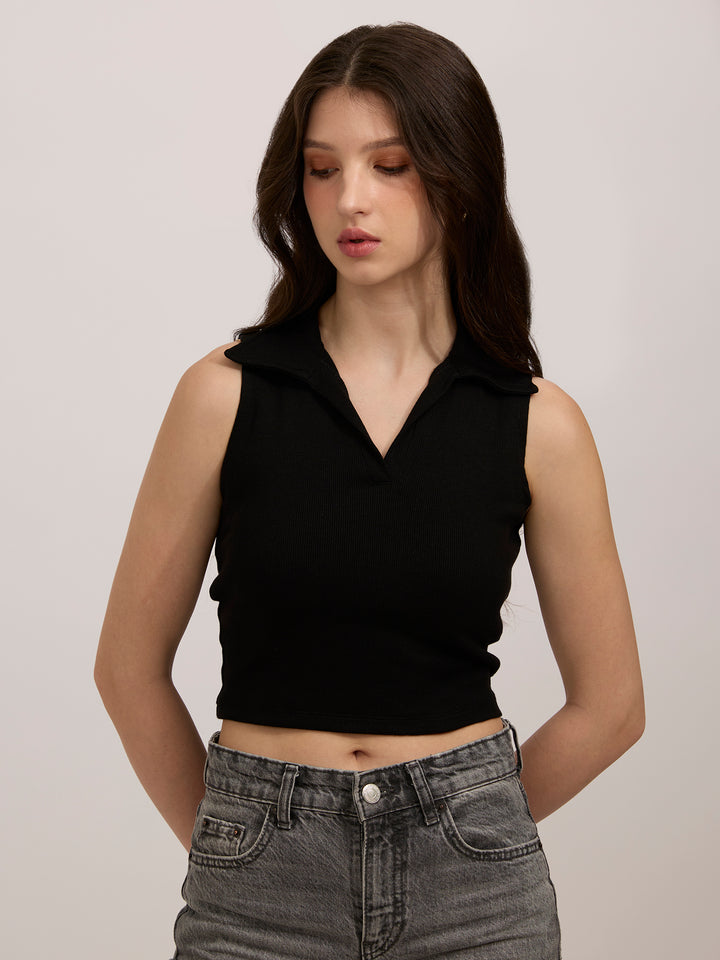 Black Polo Rib Top