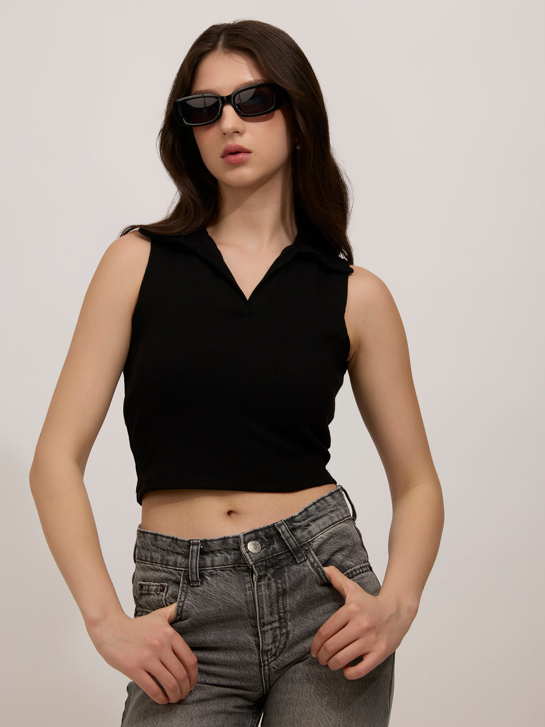 Black Polo Rib Top