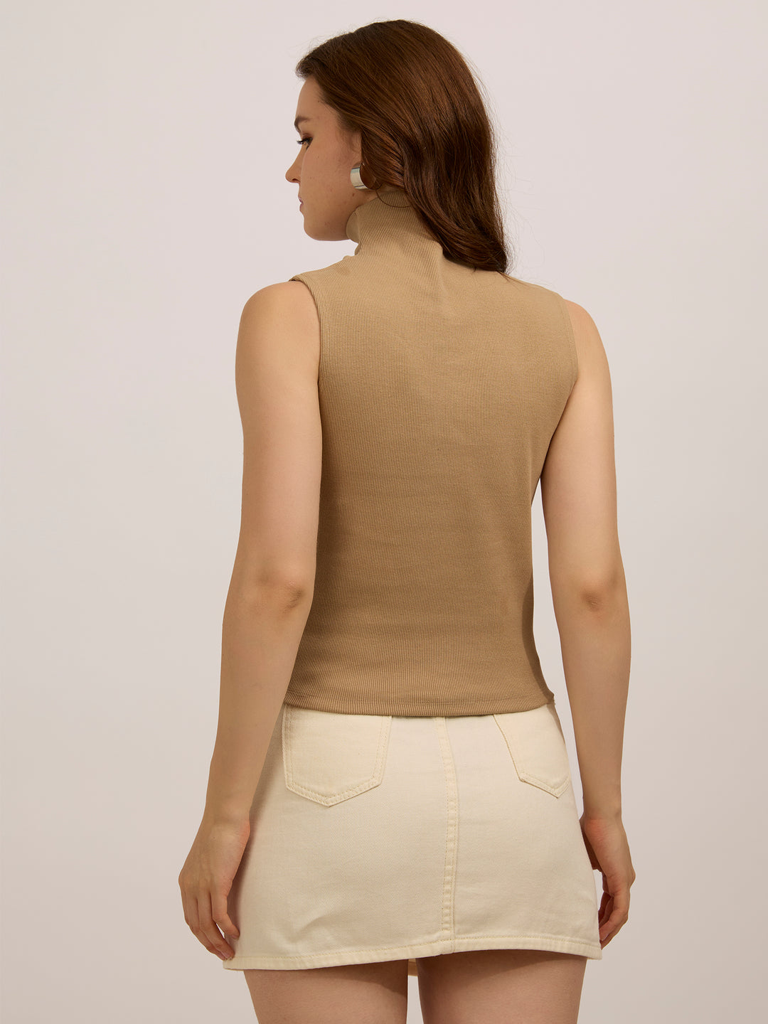 Beige High Neck Solid Ribbed Top