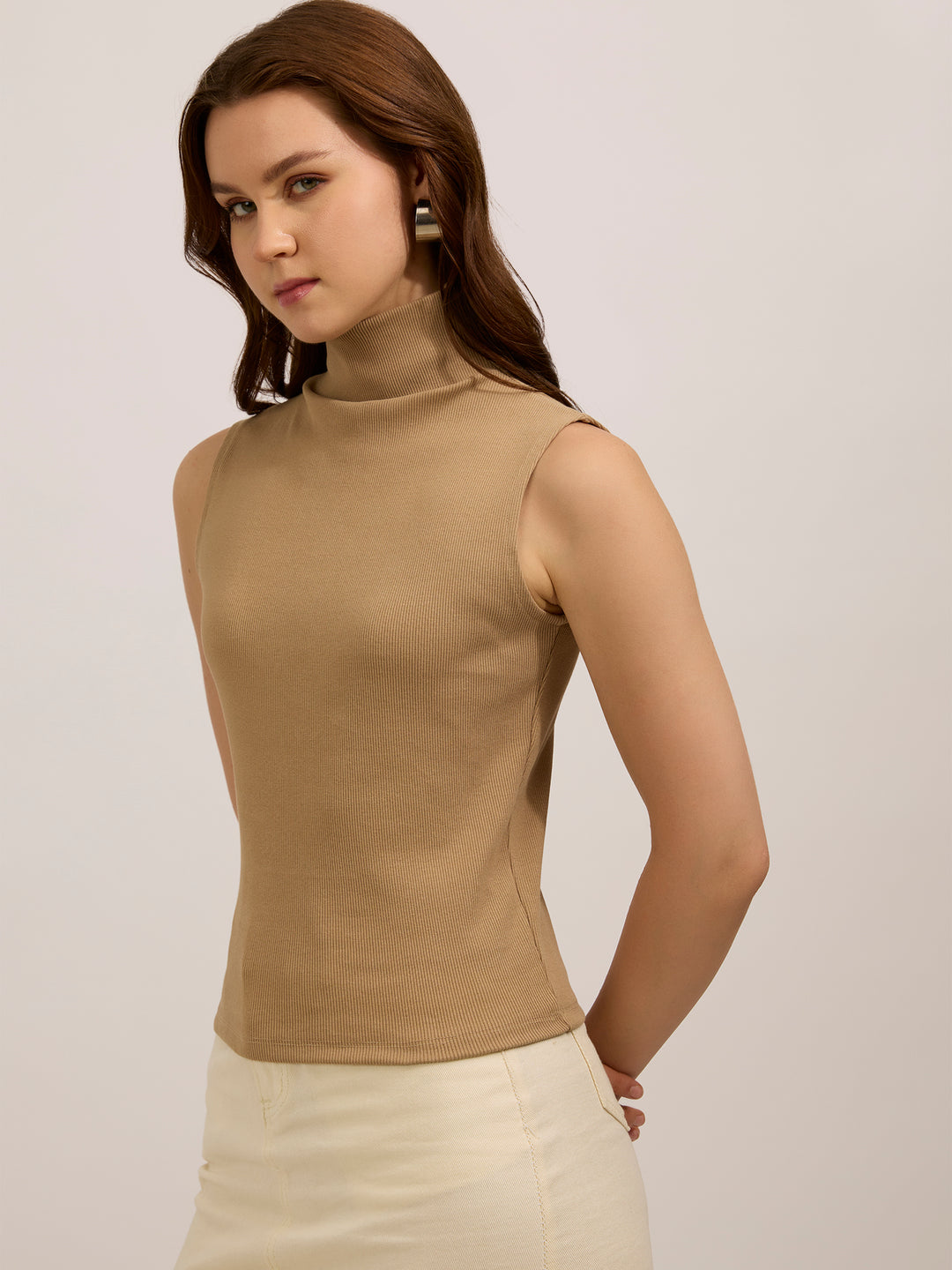 Beige High Neck Solid Ribbed Top