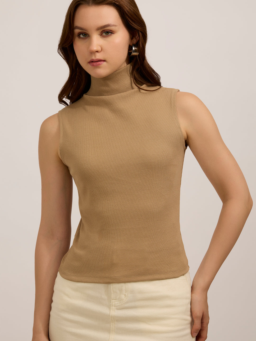 Beige High Neck Solid Ribbed Top