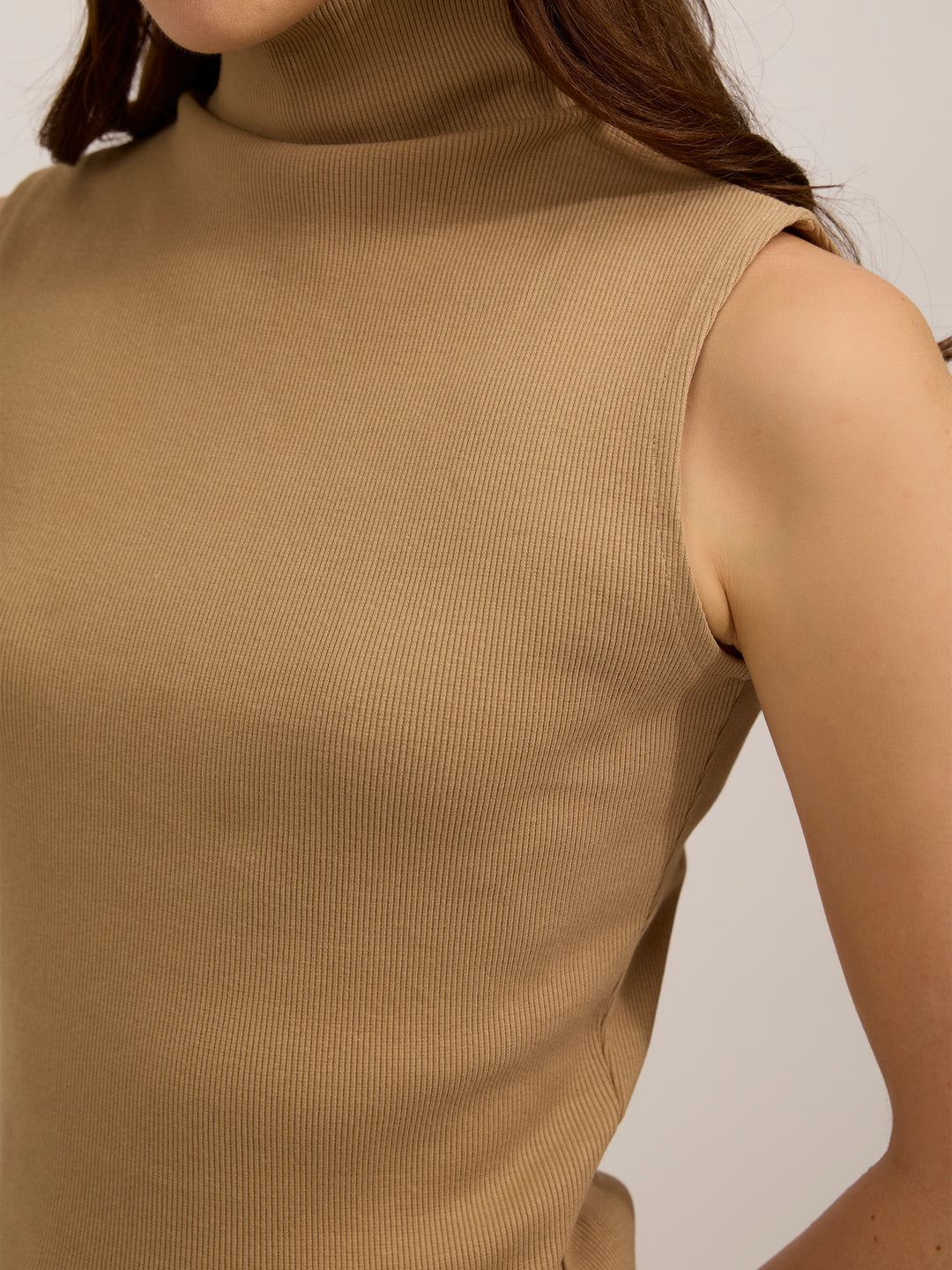 Beige High Neck Solid Ribbed Top