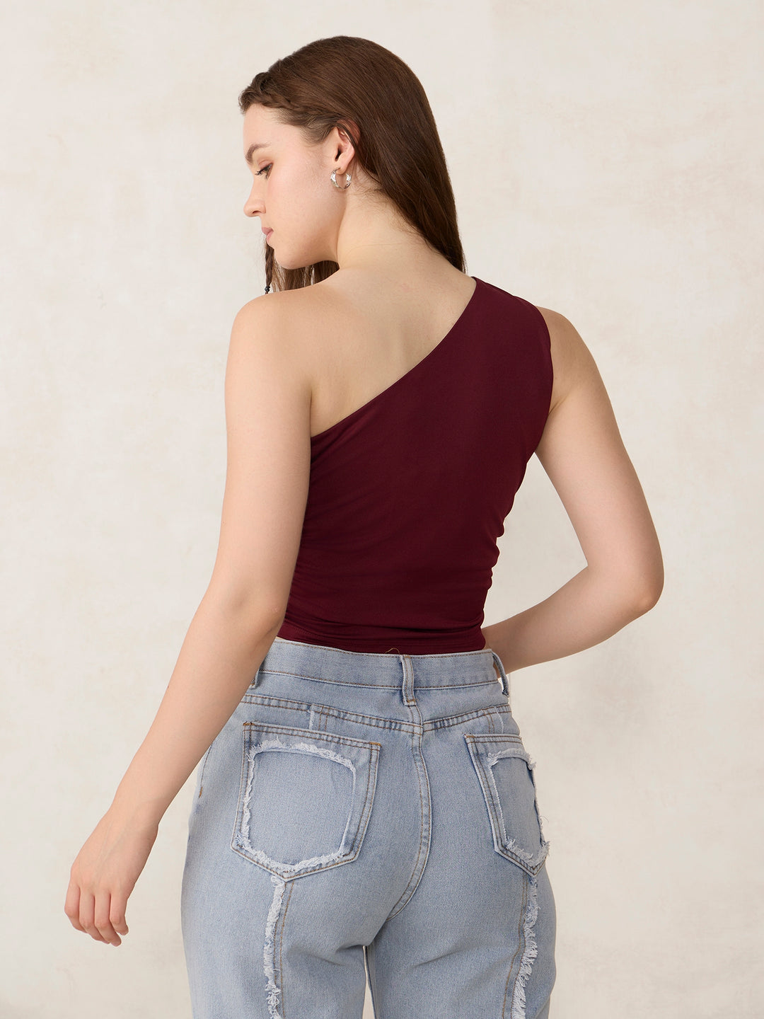 Maroon One Shoulder Side Ruched Tank