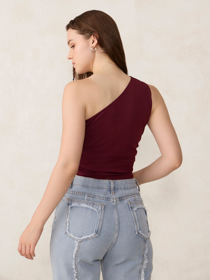 Maroon One Shoulder Side Ruched Tank