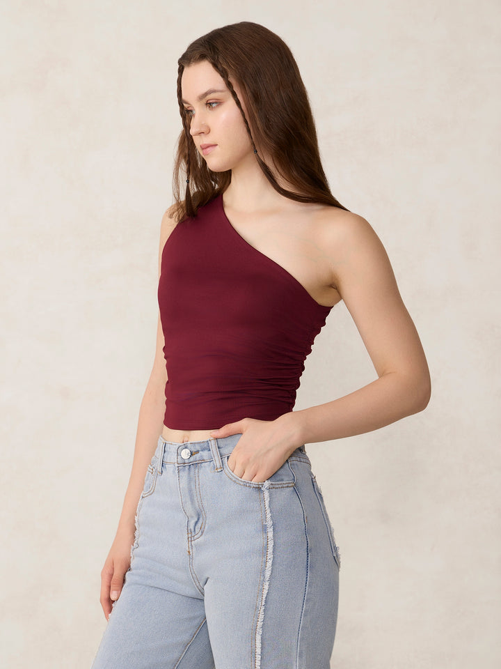 Maroon One Shoulder Side Ruched Tank