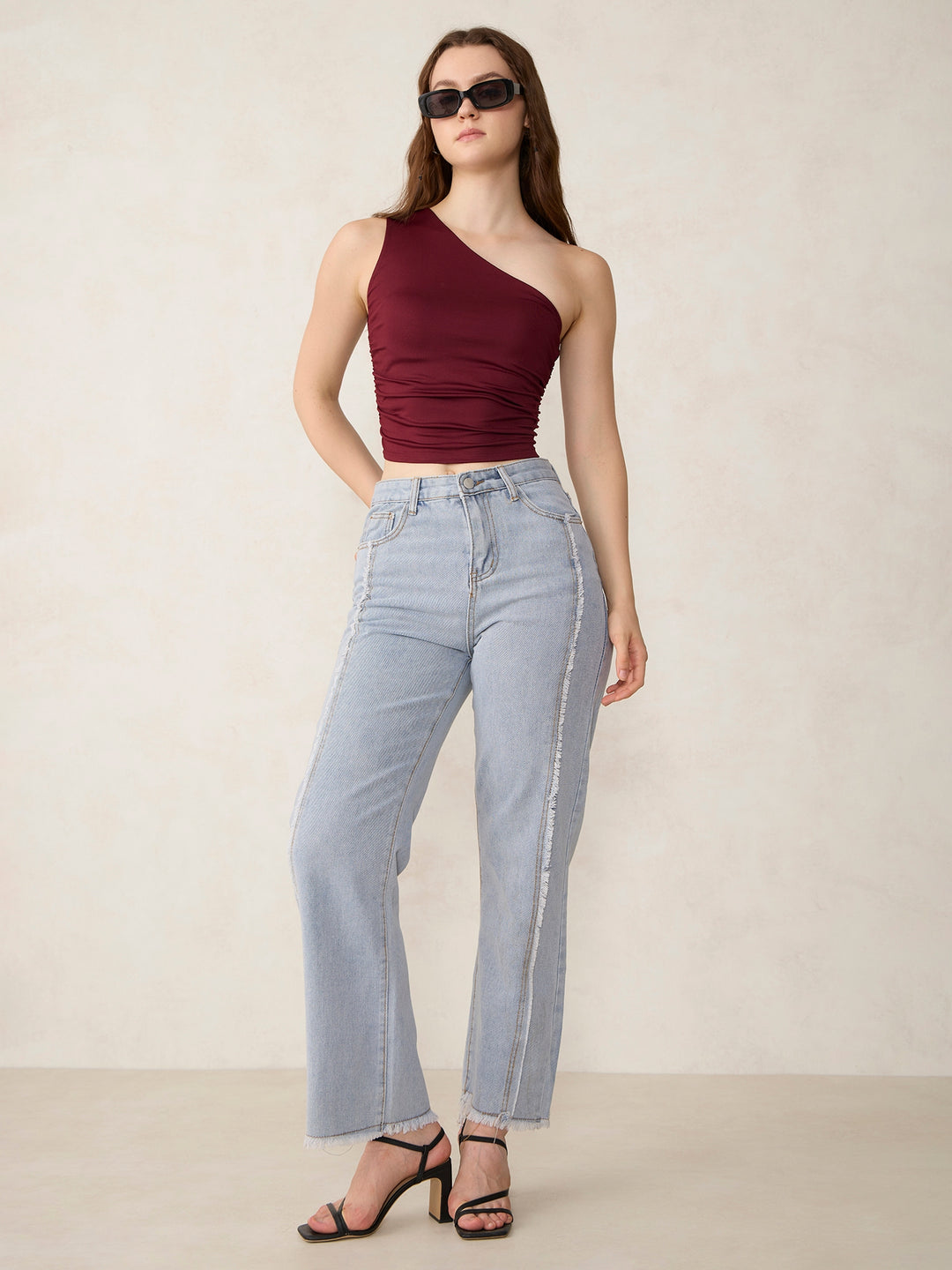 Maroon One Shoulder Side Ruched Tank