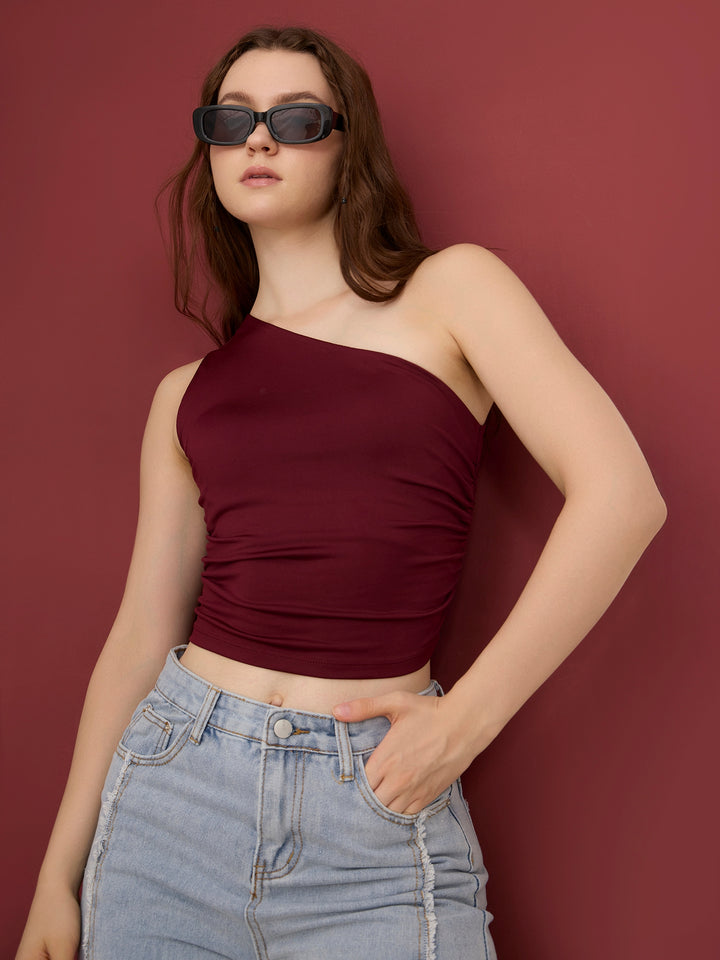 Maroon One Shoulder Side Ruched Tank