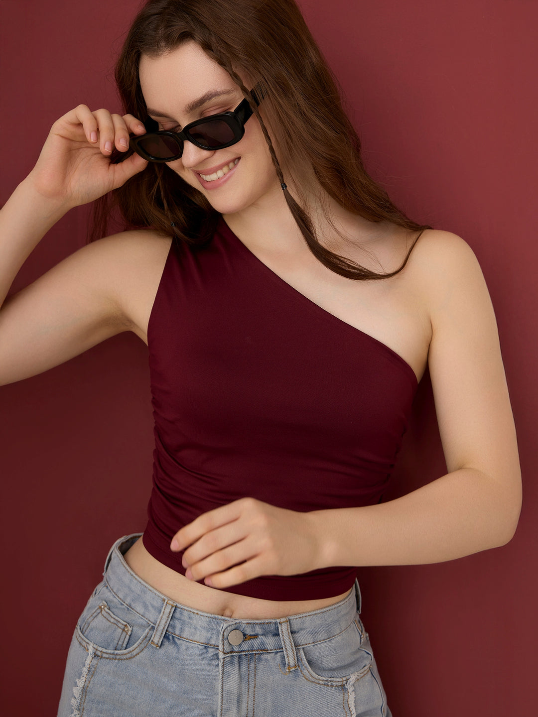 Maroon One Shoulder Side Ruched Tank