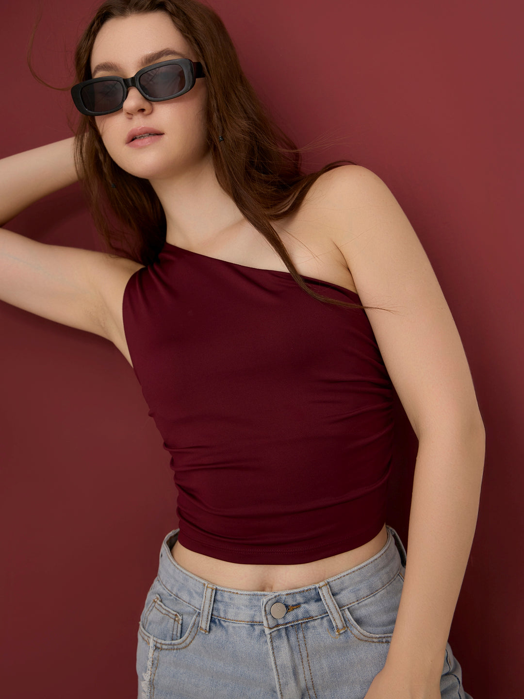 Maroon One Shoulder Side Ruched Tank