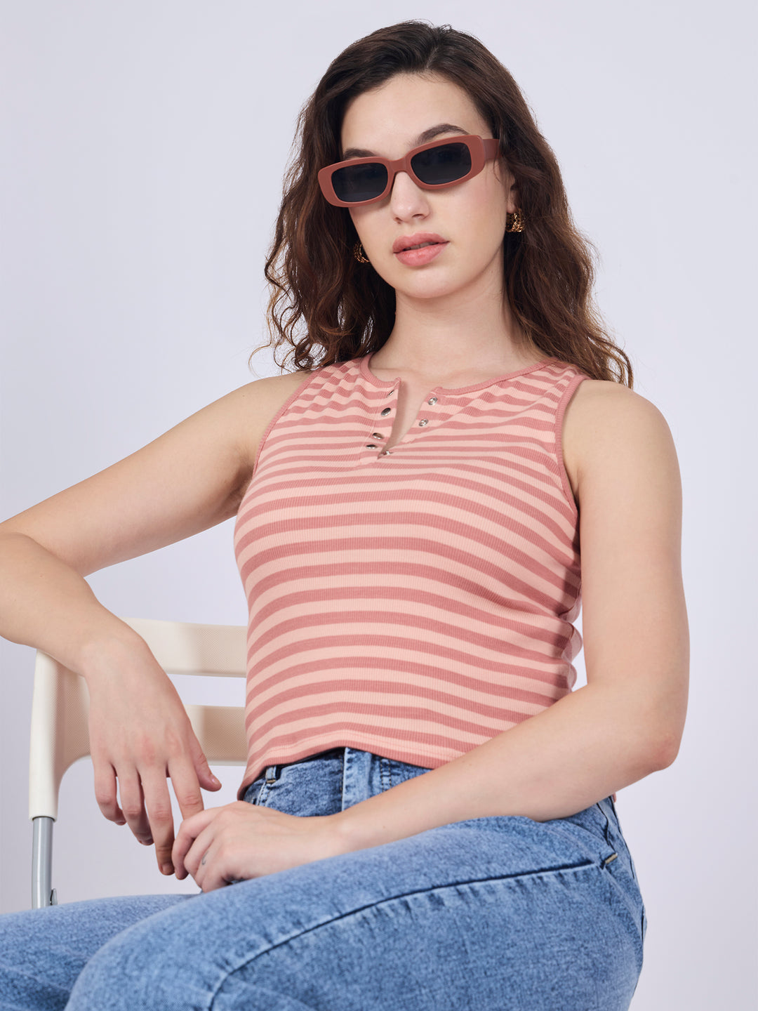 Brown Striped Button Down Tank