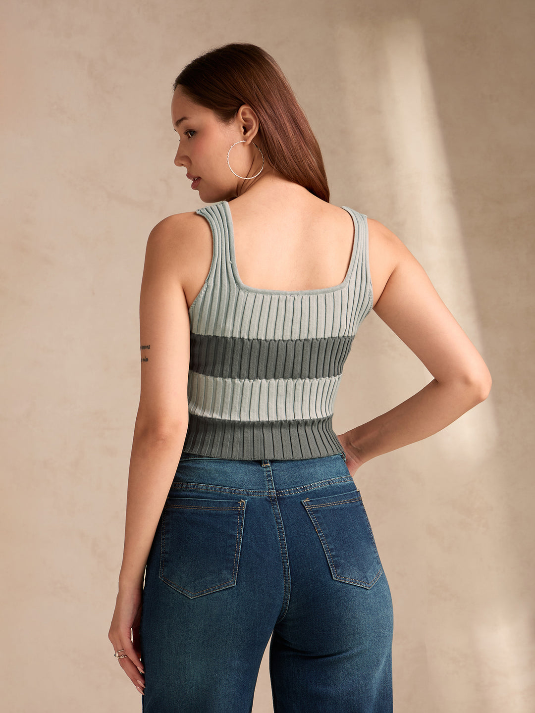 Grey Square Neck Flat Knit Tank