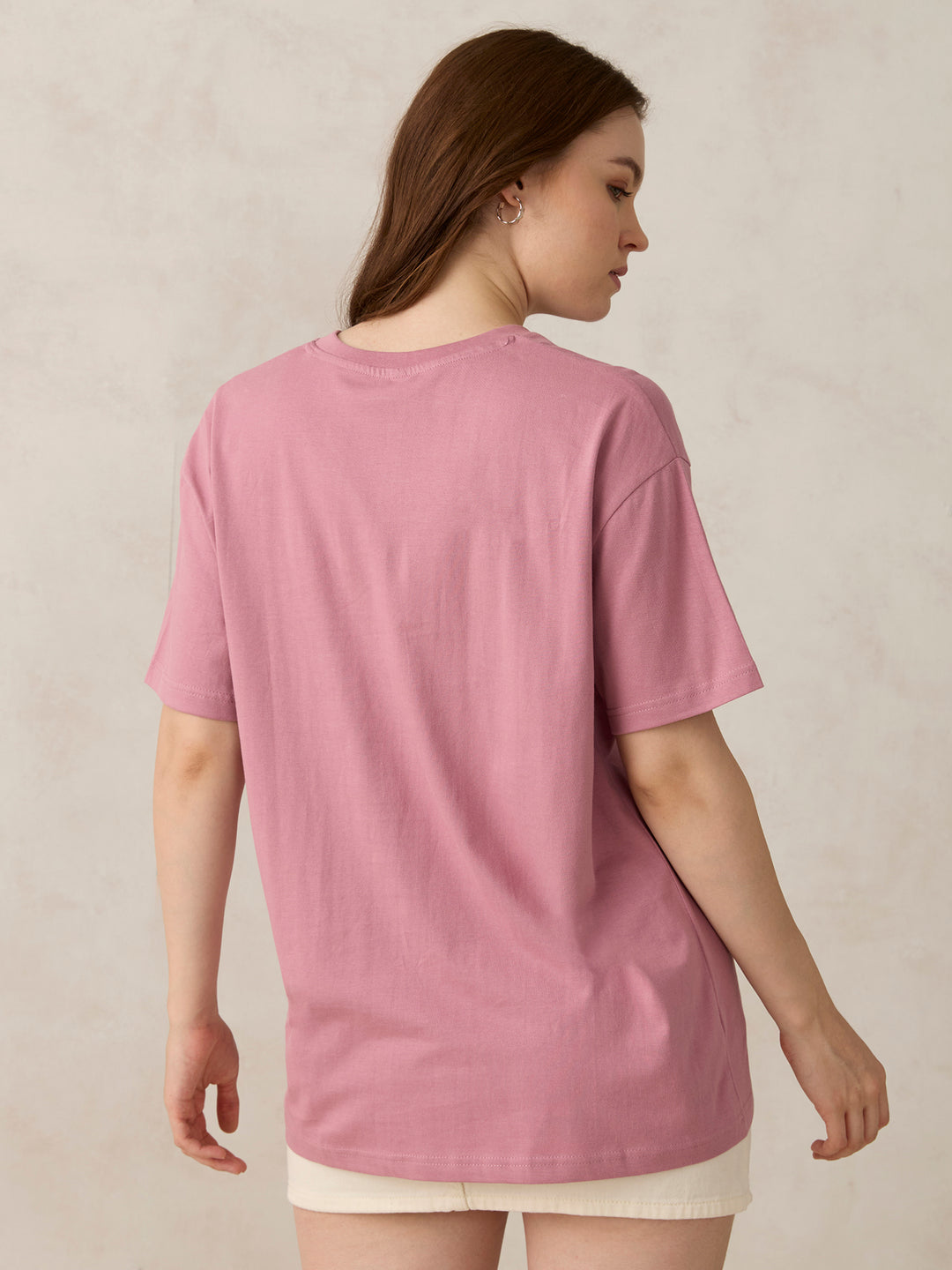 Pink V Neck Solid Oversized T-Shirt