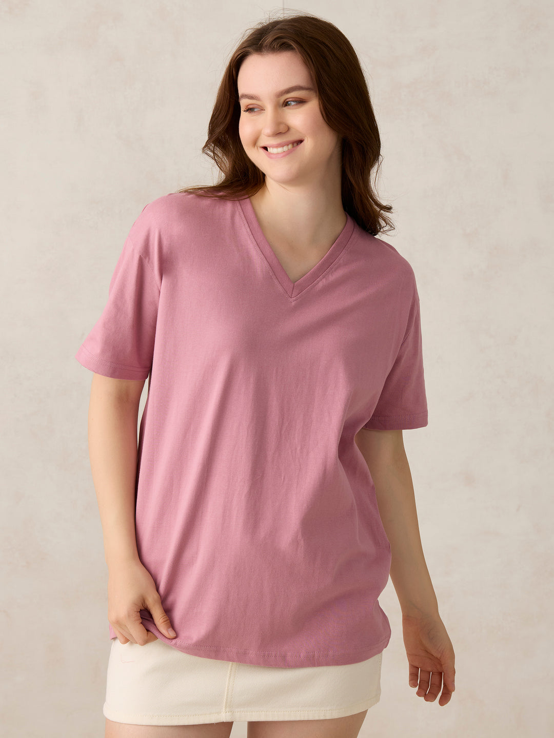 Pink V Neck Solid Oversized T-Shirt