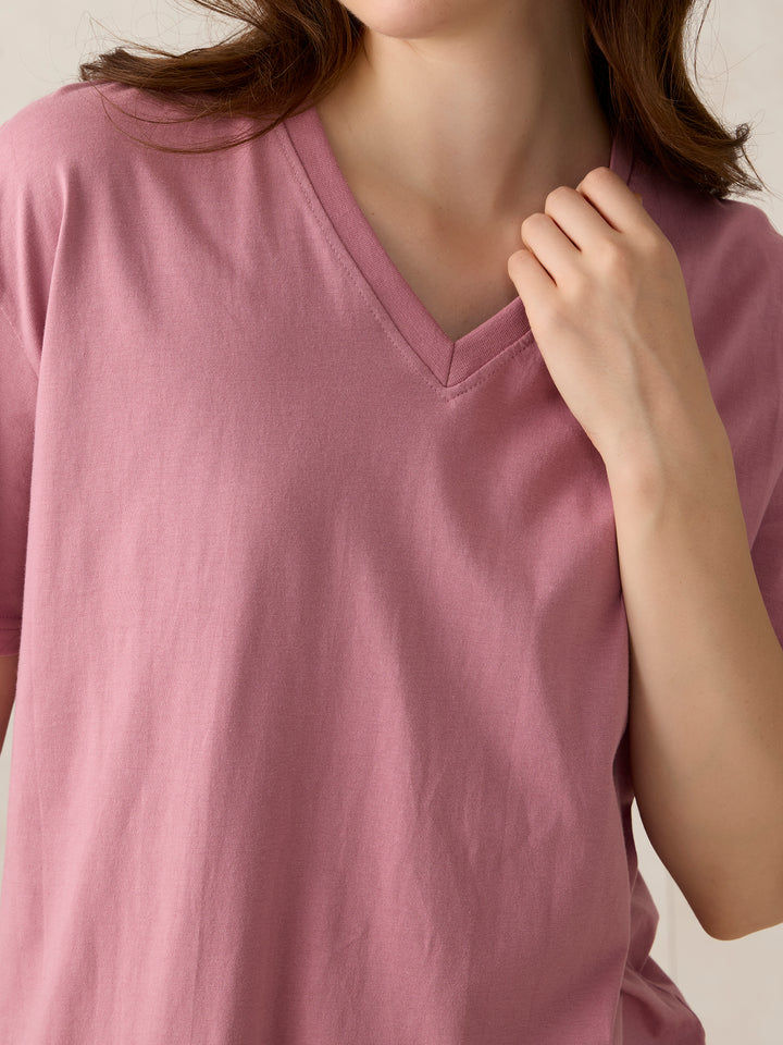 Pink V Neck Solid Oversized T-Shirt