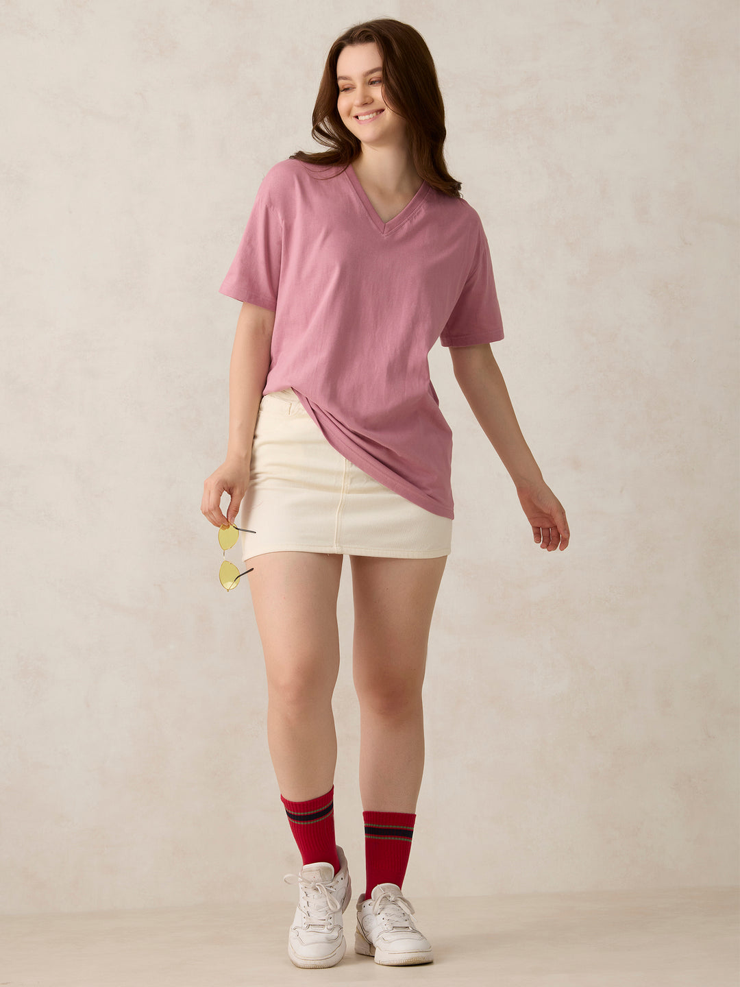 Pink V Neck Solid Oversized T-Shirt