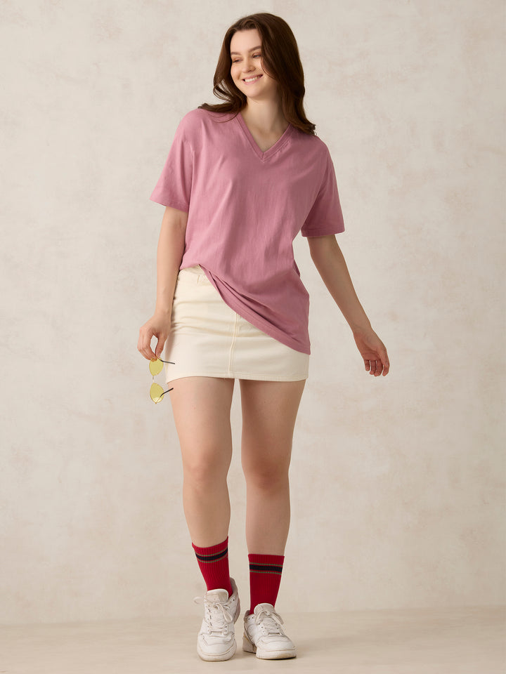 Pink V Neck Solid Oversized T-Shirt