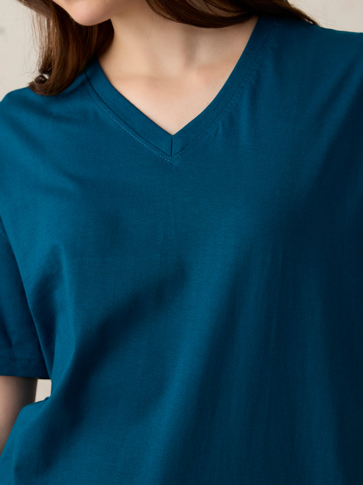 Teal V Neck Solid Oversized T-Shirt