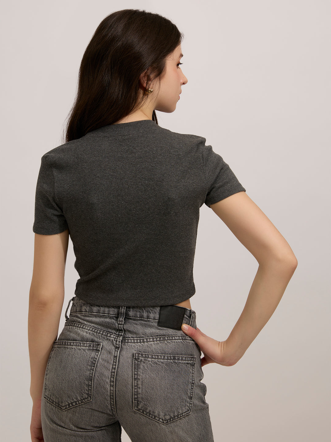 Grey Basic Fitted Ribbed Top