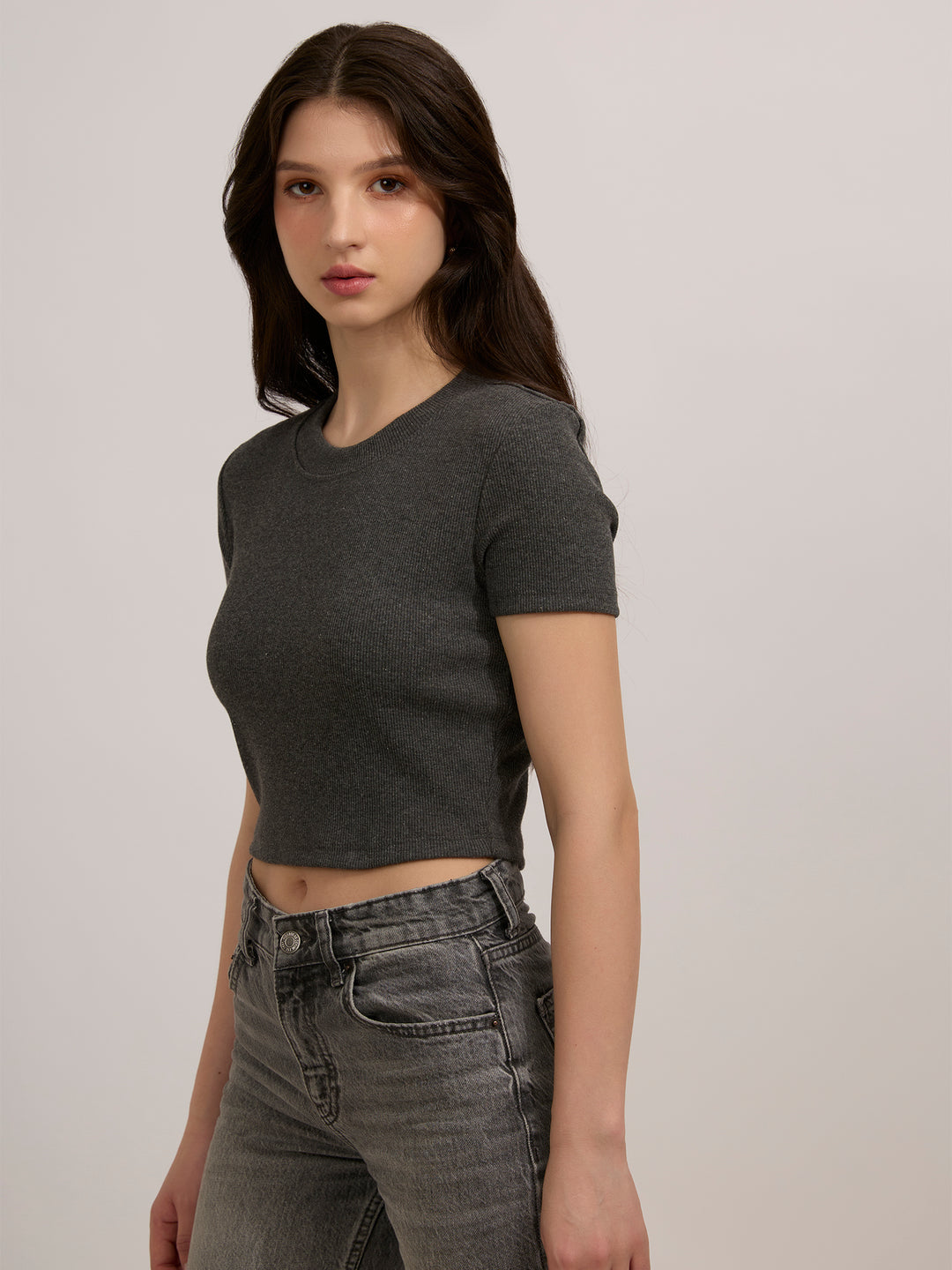 Grey Basic Fitted Ribbed Top