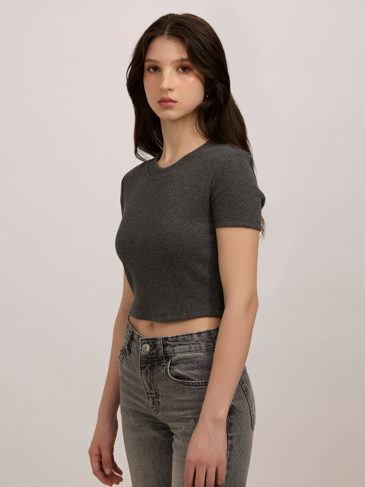 Grey Basic Fitted Ribbed Top