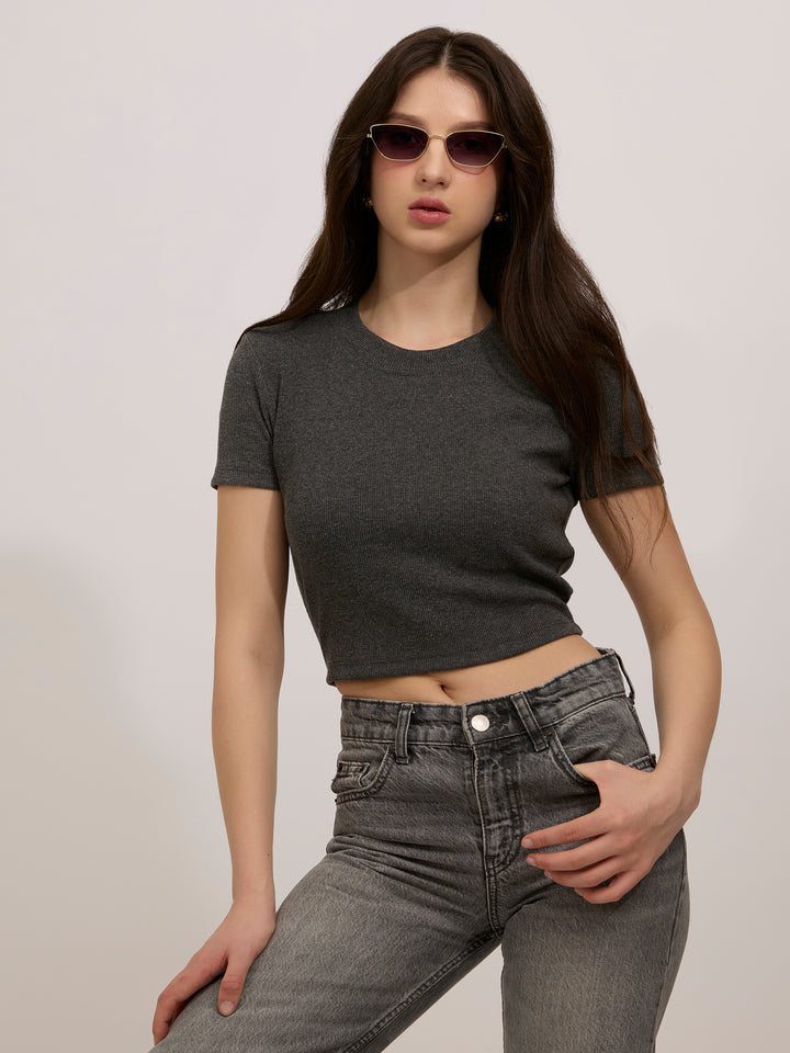 Grey Basic Fitted Ribbed Top